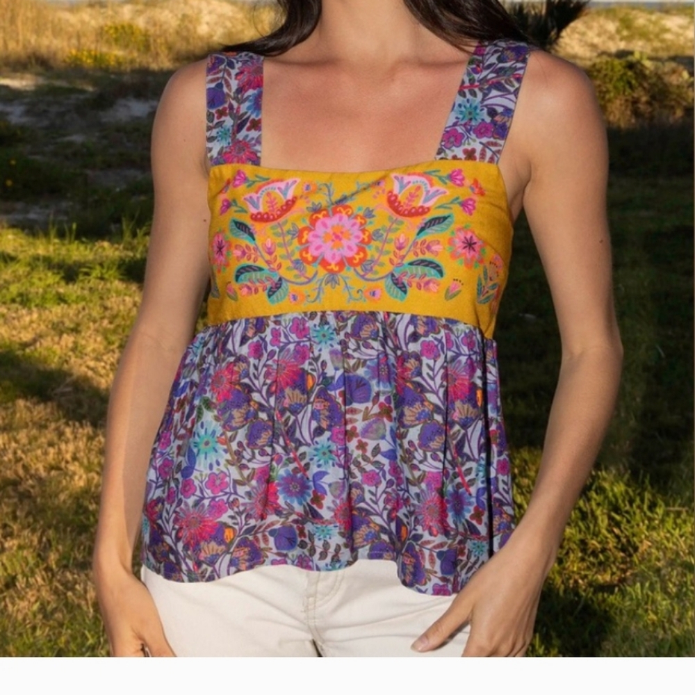 NATURAL LIFE Yellow Embroidered Yoke & Purple Floral Tank